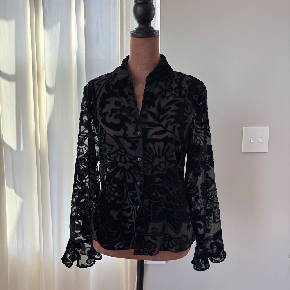 90s Vintage Ice Top Velvet Burnout Blouse Petite S Sheer Whimsigoth Glam Goth